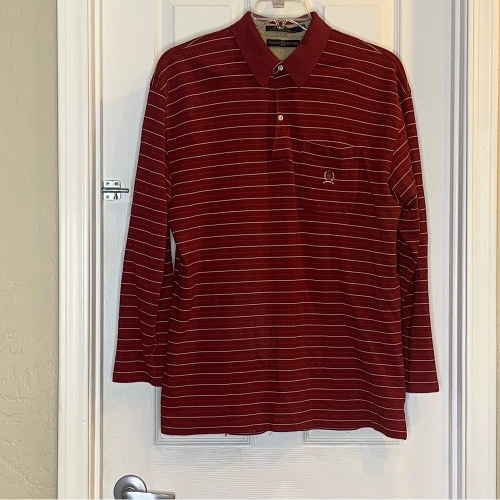 Vintage Tommy Hilfiger Dark Red Striped Polo Shirt Size XL